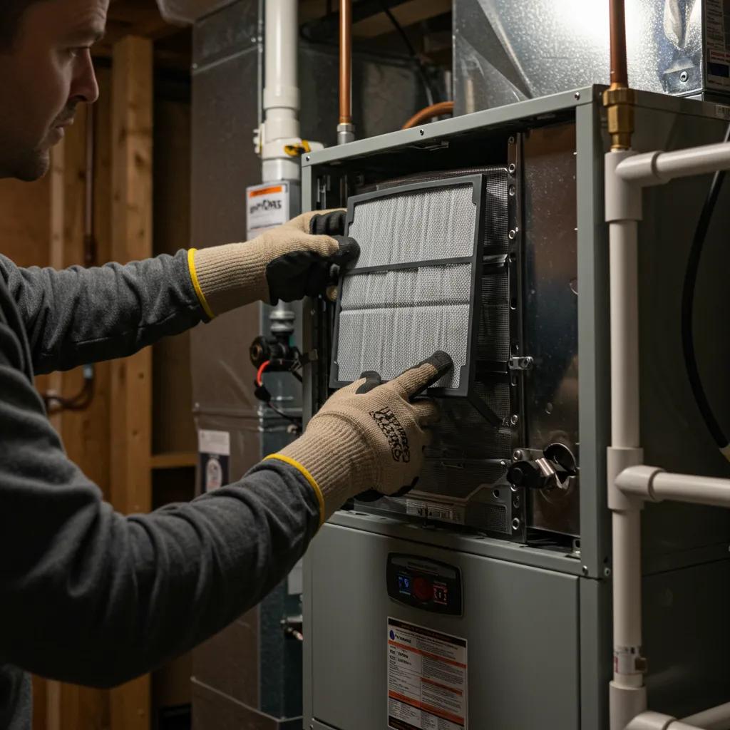 Homeowner inspecting a furnace, checking the air filter for maintenance