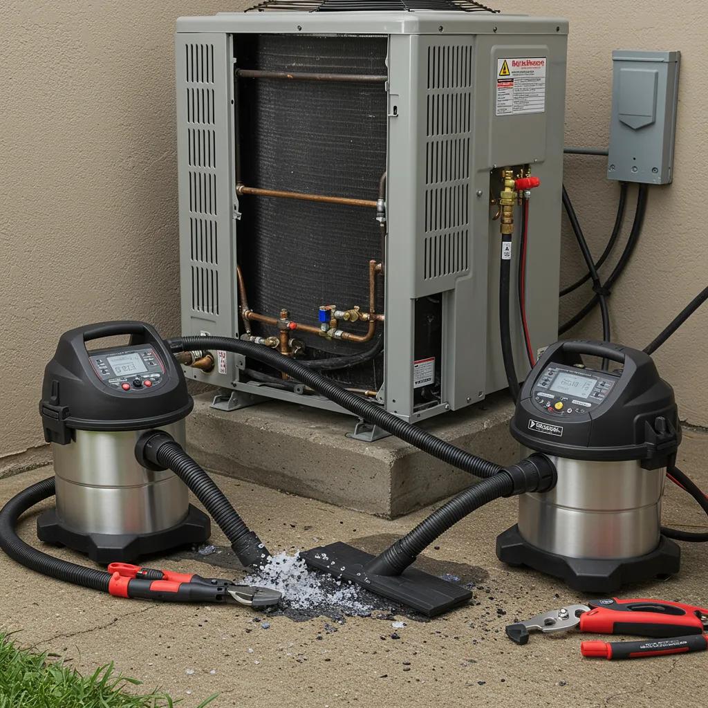 Technician clearing a clogged condensate drain line on an air conditioning unit