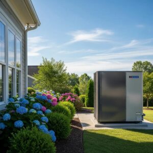 Modern heat pump installed outside a home in Greensboro, NC, highlighting energy efficiency and design