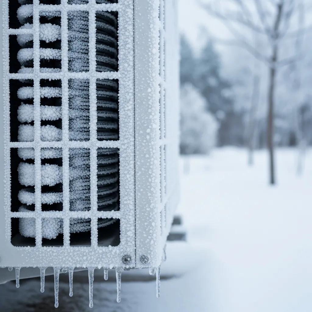 Troubleshooting Heat Pump Issues: Get Expert Repair Tips 3 Outdoor heat pump with frost on the coil — common winter freezing issue requiring inspection